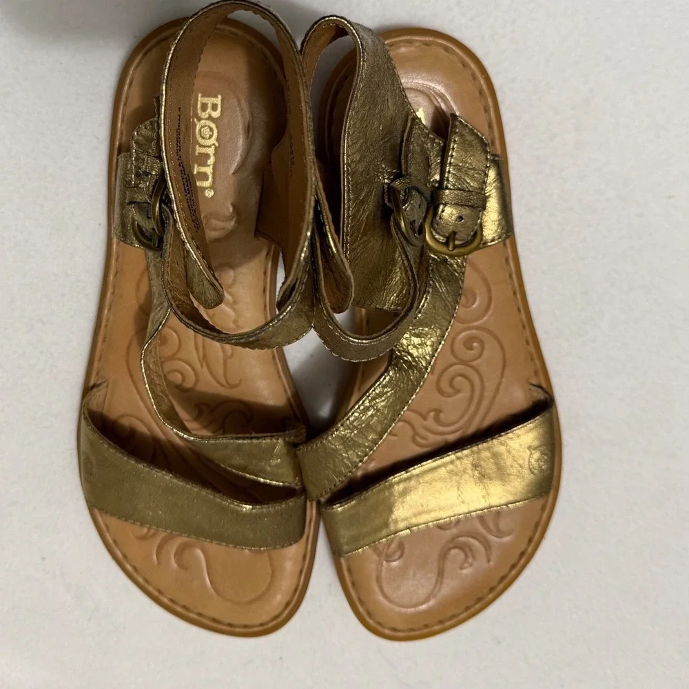 Born Mai Metallic Gold Leather Gladiator Sandals Double Buckle Women's 7M Boho